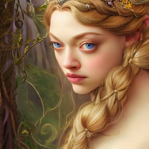 Image similar to beautiful young amanda seyfried as the rapunzel princess, closeup, d & d, fantasy, intricate, elegant, highly detailed, digital painting, artstation, concept art, matte, sharp focus, illustration, art by artgerm and greg rutkowski and alphonse mucha