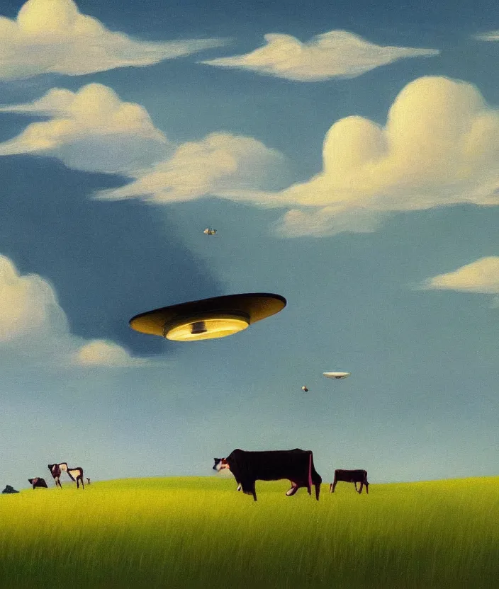 Prompt: a highly detailed painting of a ufo over a meadow, one cow is being abducted by an ufo, ufo has green light, very fine brush strokes, baby blue sky with aesthetic clouds, in the style of edward hopper, 4 k,