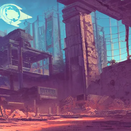 Prompt: ancient ruins in the desert,cyberpunk,retrowave art,trending on art station