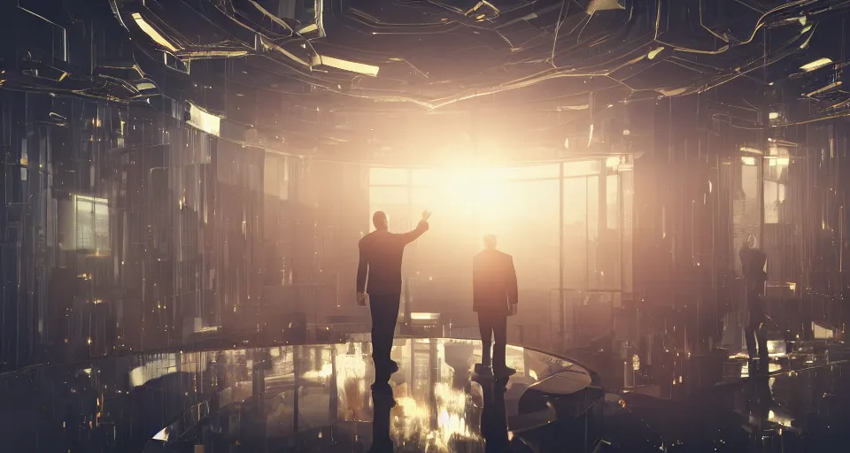 Image similar to Dramatic photo of a CEO waving to a large group of his coworkers in a futuristic office. Golden coins are levitating all around them. 8k, high detail, trending on Artstation, volumetric lighting, cyberpunk