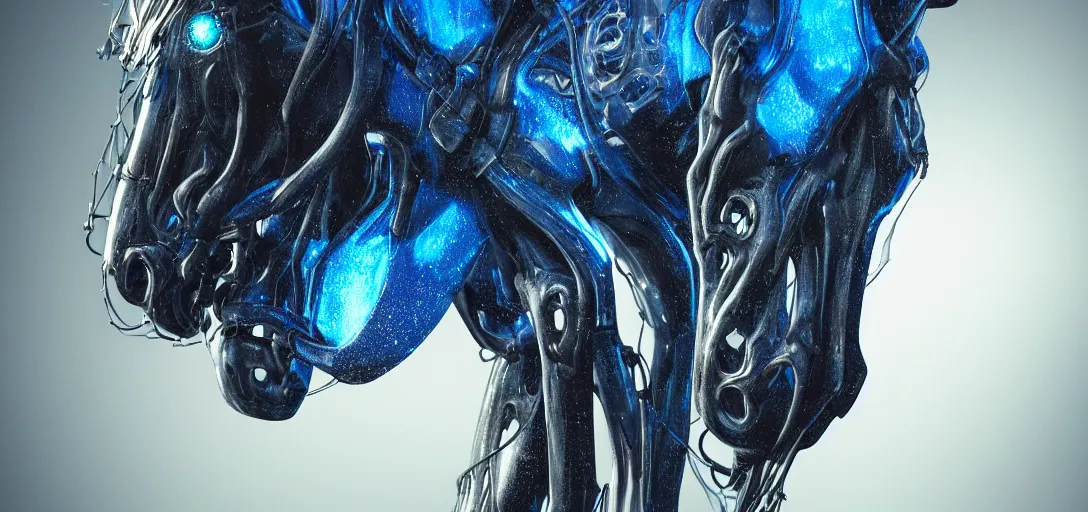 Prompt: perfect horse by David Manzur, photographic reality, hyperreal , complete scene, ornate, details, smooth, sharp focus, illustration, realistic, cinematic, artstation, award winning, rgb, ethereal blue lighting, cyberpunk look, biomechanical mask. bio luminescent biomechanical, halo, jellyfish. , unreal engine, octane render, cinematic light, iridescent details, iridescent colors, dichroic, macro, depth of field, blur, 8K,