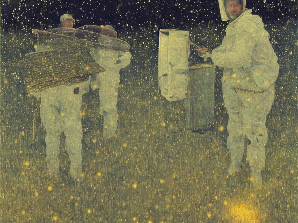 Image similar to painting by mikalojus konstantinas ciurlionis, bosch. portrait of a man in white beekeeping suit at night with fireflies