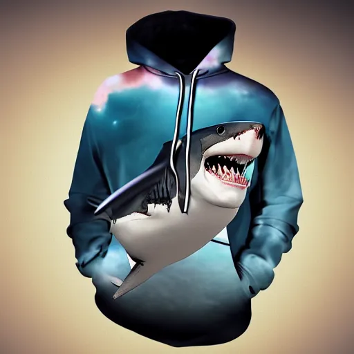 Prompt: great white shark wearing a hoodie at night, 8 k, photorealistic, cinematic photography, trending on artstation