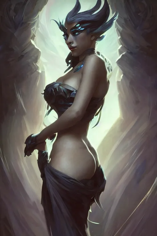 Image similar to portrait of Kalista from League of Legends, dreamy and ethereal and dark, dark eyes, smiling expression, dark fantasy, chaotic, elegant, highly detailed, digital painting, artstation, concept art, smooth, sharp focus, illustration, art by artgerm and greg rutkowski and alphonse mucha