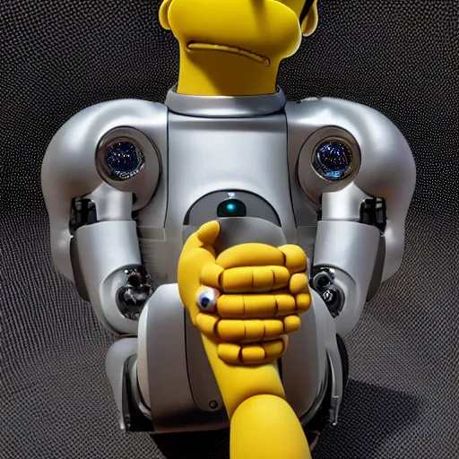 Image similar to centered portrait of a slight happy robotic 3D Homer Simpson, hyperdetailed, digital painting, trending on Artstation, cel-shading style, CG society, hyperdetailed, digital painting, hypermaximalist, golden ratio, volumetric, octane render, weta digital, micro details, 3d sculpture