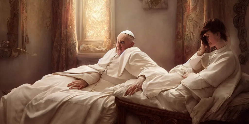 Image similar to photography of a pope making touching a sensual woman in a bedroom, deep focus, intricate, elegant, highly detailed, digital painting, artstation, concept art, matte, sharp focus, illustration, art by artgerm and greg rutkowski and alphonse mucha