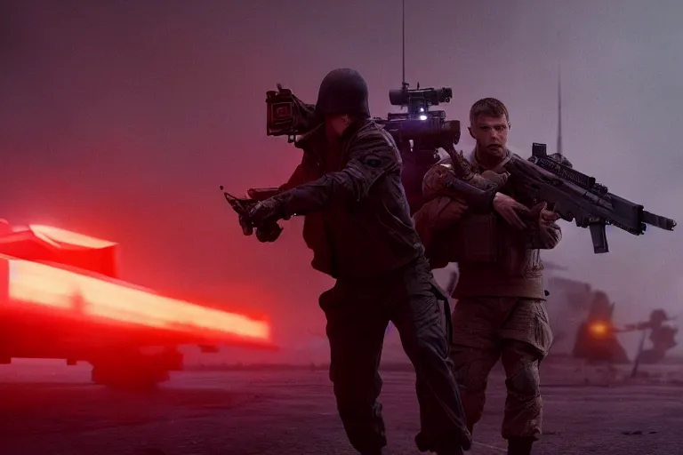 Image similar to vfx film, blade runner 2 0 4 9 futuristic soldiers shoot at enemy robots futuristic war, battlefield war zone, shootout, running, shooting, explosion, battlefront, leaping, flat color profile low - key lighting award winning photography arri alexa cinematography, big crowd, hyper real photorealistic cinematic beautiful, atmospheric cool colorgrade