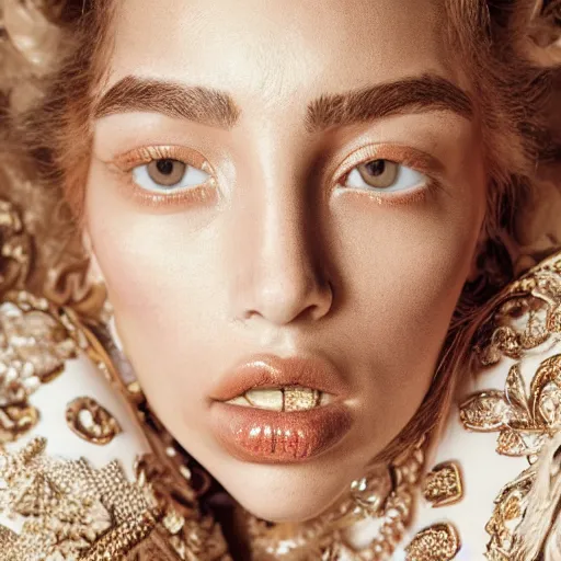 Image similar to close up of face of female fashion model, baroque style, beige colors, official vogue editorial, highly detailed