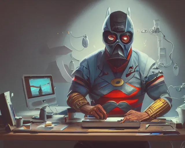 Image similar to an insanely detailed painting of a nerdy asian man wearing a superhero costume, sitting at a desk, staring at the nervously at the computer and typing, in the style of peter mohrbacher, dramatic lighting and composition, octane render, pixar, trending on artstation, concept art, comic book, view from behind