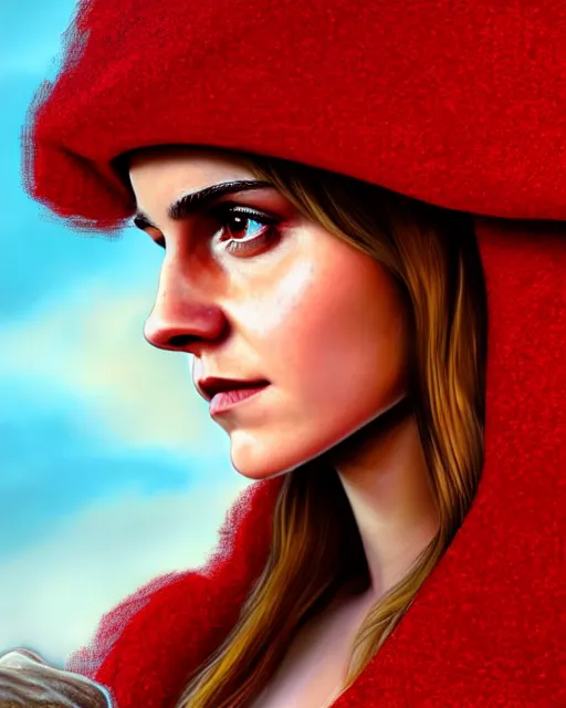 Prompt: highly detailed closeup, of emma watson, dressed in a red mushroom hat and clothes, full face view, on a battlefield, hyper realistic, psychedelic, illustration, digital paint, matte paint, vivid colors, detailed and intricate environment