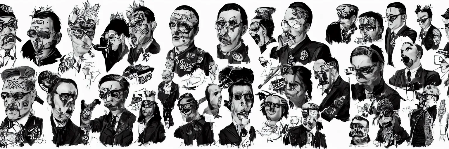 Prompt: colored character study of mike patton and adolf hitler dressed as a punk rock singer, clear, evil, glasses, character sheet, fine details, concept design, contrast, kim jung gi, da vinci and pixar, trending on artstation, 8 k, full body and head, turnaround, front view, back view, ultra wide angle