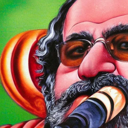 Prompt: closeup detailed portrait of jerry garcia eating cherry garcia ice cream