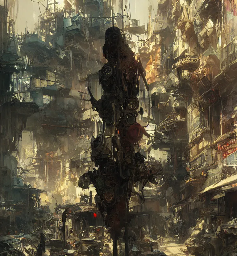 Image similar to a painting of death dealer junkyard cyberpunk, by jeremy mann, krenz cushart, artem demura, alphonse mucha, intricate, elegant, highly detailed, digital painting, artstation, concept art, smooth, sharp focus, illustration, art