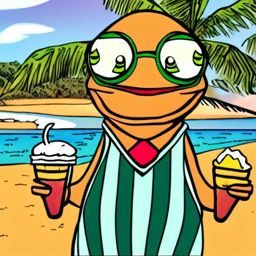 Prompt: pepe the frog enjoying his day on the beach with an ice cream cone in his hand, cartoon style