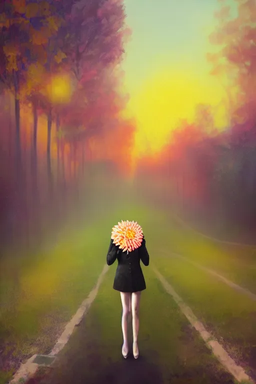 Prompt: portrait giant dahlia flower head, frontal, girl in a suit, standing in street, surreal photography, sunrise, dramatic light, impressionist painting, digital painting, artstation, simon stalenhag