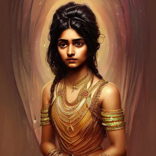 Image similar to portrait of a british-indian teenage girl with wavy black hair, desi girl with dark brown skin, glowing skin, fantasy, intricate, elegant, dress shirt, highly detailed, digital painting, artstation, concept art, smooth, sharp focus, illustration, art by Krenz Cushart and Artem Demura and alphonse mucha