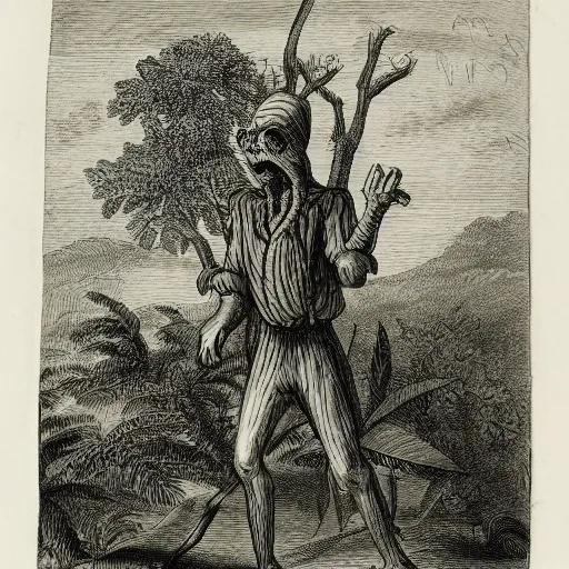 Image similar to A colonial zombie standing in the middle of the jungle, engraving, ink, black and white, 17th century