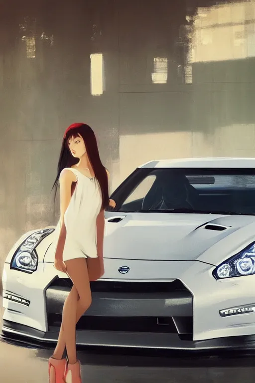 Image similar to A ultradetailed beautiful panting of a stylish girl standing in front of a Nissan GTR, Oil painting, by Ilya Kuvshinov, Greg Rutkowski and Makoto Shinkai