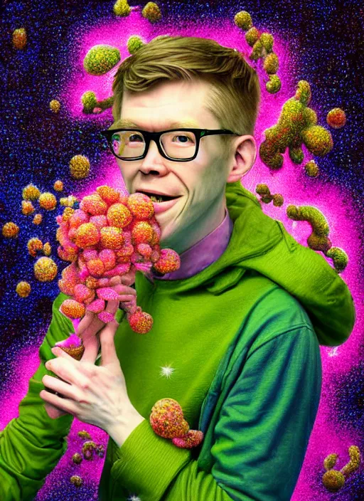 Prompt: hyper detailed 3d render like a Oil painting - kawaii portrait of Hank Green in Aurora (Singer) seen Eating of the Strangling network of yellowcake aerochrome and milky Fruit and Her delicate Hands hold of gossamer polyp blossoms bring iridescent fungal flowers whose spores black the foolish stars by Jacek Yerka, Mariusz Lewandowski, Houdini algorithmic generative render, Abstract brush strokes, Masterpiece, Edward Hopper and James Gilleard, Zdzislaw Beksinski, Wolfgang Lettl, hints of Yayoi Kasuma, octane render, 8k