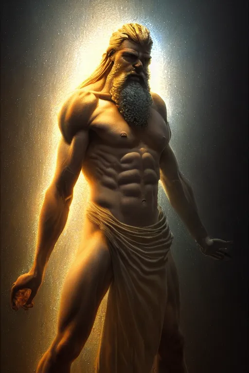 Image similar to hyperrealistic mixed media painting of zeus, full body, stunning 3 d render inspired art by p. craig russell and barry windsor - smith dim volumetric lighting, 8 k octane beautifully detailed render, post - processing, intricate, epic composition, grim yet sparkling atmosphere, cinematic lighting