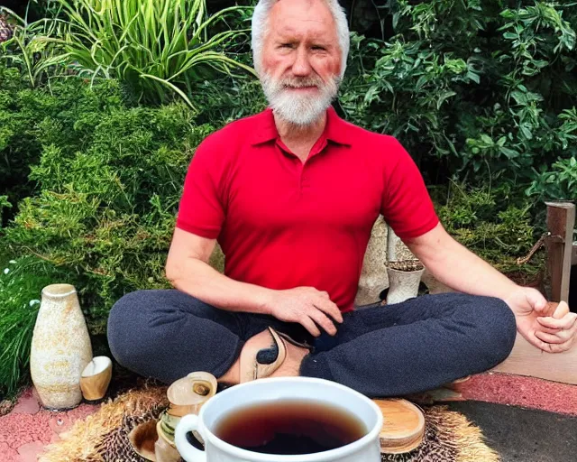 Image similar to mr robert is drinking fresh tea, smoke pot and meditate in a garden from spiral mug, detailed glad face, muscular legs, happy toes, golden hour closeup photo, red elegant shirt, eyes wide open, ymmm and that smell