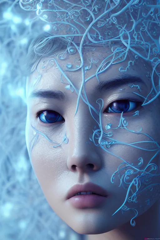 Image similar to intricate highly detailed face portrait of asian - european woman, light blue water vines on her face, intricate, cgsociety, unreal engine, octane render, sharp focus, smooth, volumetric lighting, cinematic composition, artstation