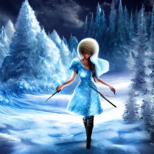 Prompt: Detalied full body painting of a Bob Ross of Ice and Snow in a fantasy art style, digital art, ultra detailed, light particles,mystic, cineamatic shot