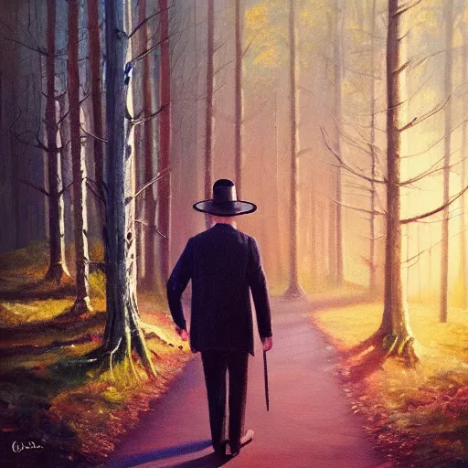 Image similar to “Oil painting of a mysterious man in a pointy hat walking through a detailed forest, ethereal lighting, 4k”