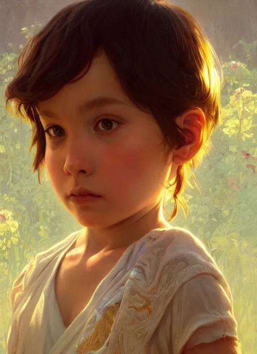 Image similar to perfectly - kid staring from behind, intricate, highly detailed, digital painting, artstation, concept art, smooth, sharp focus, illustration, unreal engine 5, 8 k, art by artgerm and greg rutkowski and alphonse mucha