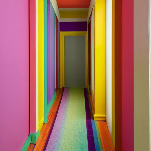 Prompt: nostalgic hallway with rainbow walls and yellow carpet, with a window on the wall emitting pink light