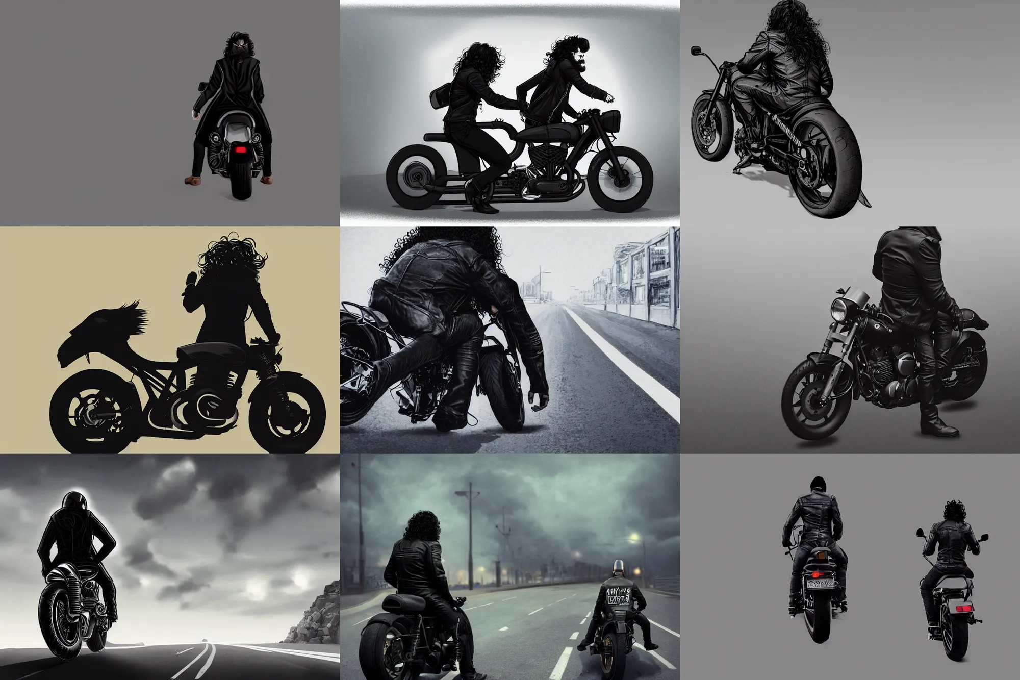 Prompt: backview of a lone male biker, jet black tuffle coat, motorbike, aviator shades, long wild black curly hair, beard, black jeans, riding on the road, tech fantasy, digital illustration, artstation