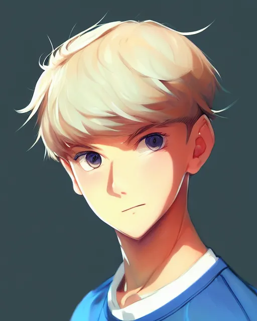 Image similar to teen boy with buzzed hair, blonde, bangs, blue eyes, bushy eyebrows, goofy grin, portrait shinkai makoto studio ghibli studio key hideaki anno sakimichan stanley artgerm lau rossdraws james jean marc simonetti elegant highly detailed digital painting artstation pixiv