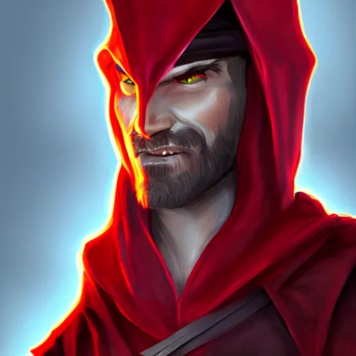 Image similar to rogue d & d thief, white male with horns and red stubble, hood, dagger, artstation, greg rutowski