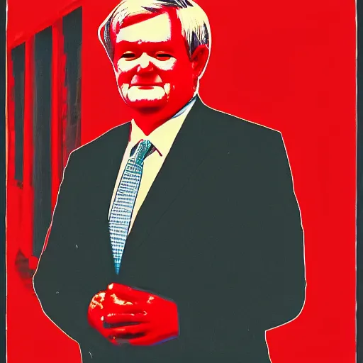 Image similar to newt gingrich in a suit and tie with a creepy face, a screenprint by warhol, reddit contest winner, antipodeans, hellish, anaglyph filter, hellish background