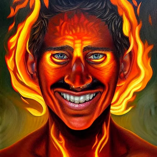 Prompt: a hyper realistic painting of a young fire - man, all face covered with a fire, coherent symmetrical eyes, cunning smile, by jeffrey smith, by andrea kowch, by steve henderson