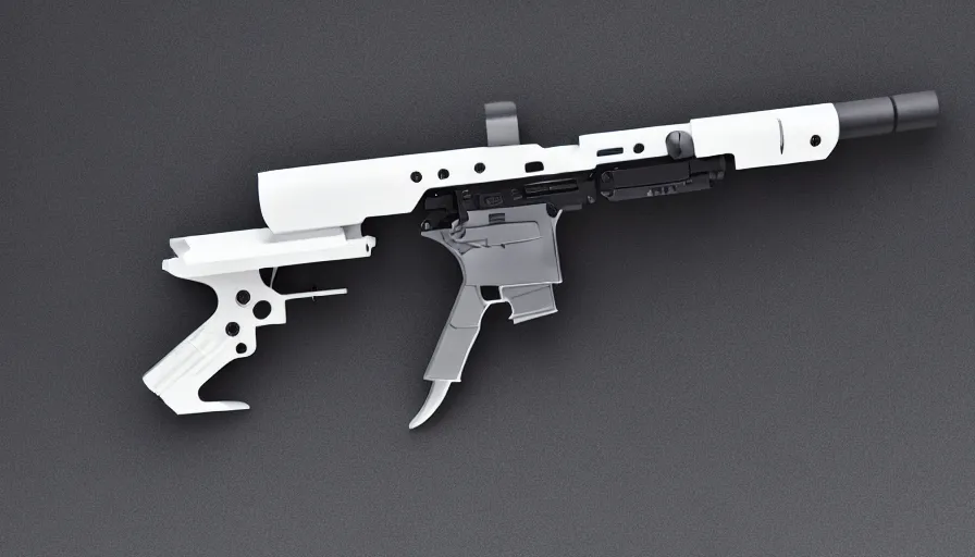 Image similar to extremely detailed ultra realistic side view photo ultra minimalist coilgun rifle, detailed trigger, chemically propelled, electric, smooth streamline, elegant sleek smooth body, white paint, battery and wires, railgun, chemrail, gauss, smooth utopian design, ultra high quality, octane, cod, destiny, warframe, terminator