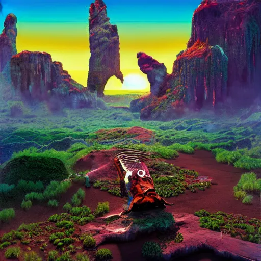 Image similar to An album cover for an upcoming Travis Scott album called Utopia by Roger Dean, 8K concept art, rendered in Unreal Engine, detailed