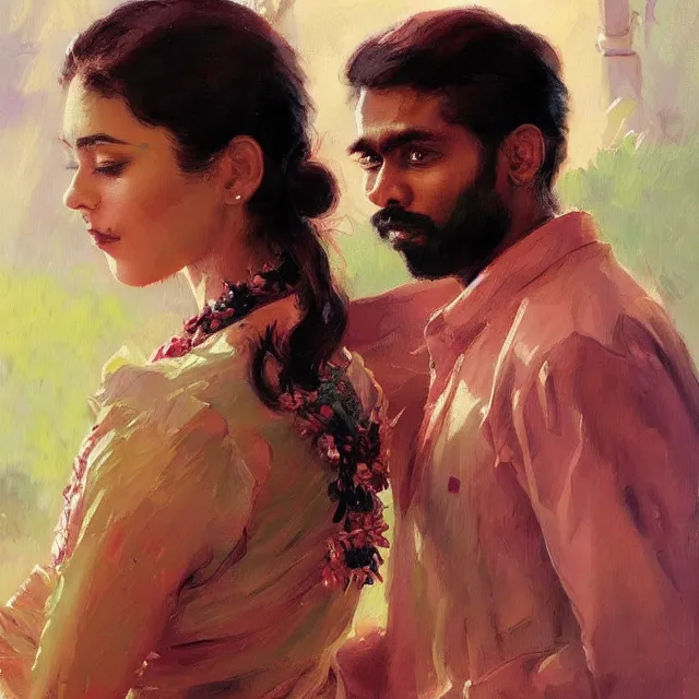 Prompt: book cover for a tamil man and red headed spanish girl portrait, elegant, intricate, digital painting, artstation, concept art, smooth, sharp focus, illustration, art by konstantin korovin and daniel f. gerhartz and john howe