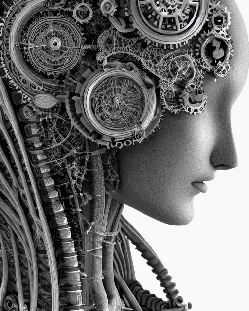 Image similar to mythical black and white organic bio-mechanical spinal ribbed profile face portrait detail of mechanical beautiful female angelic-vegetal-cyborg, highly detailed, intricate steampunk ornate, poetic, 3D render, digital art, octane render, 8K artistic photography, photo-realistic, by Dora Maar