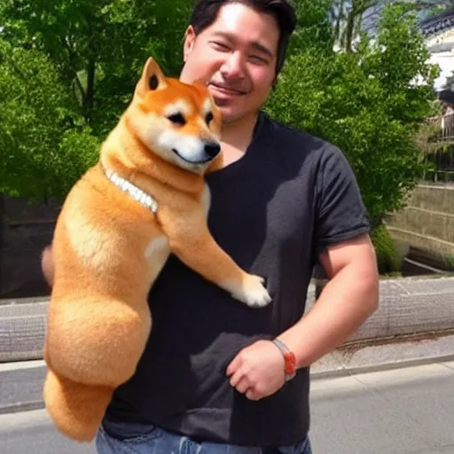 Prompt: a man with a shiba inu dog on his shoulder, anime still