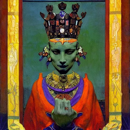 Prompt: the iron crown, by Annie Swynnerton and Nicholas Roerich and Diego Rivera, bioluminescent skin, elaborate costume, geometric ornament, symbolist, rich color, dramatic cinematic lighting, smooth, sharp focus, extremely detailed