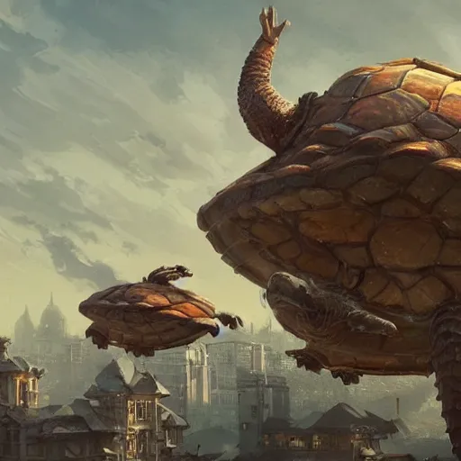 Image similar to A city on a gigantic turtle ,Greg rutkowski, Trending artstation, cinematográfica, digital Art