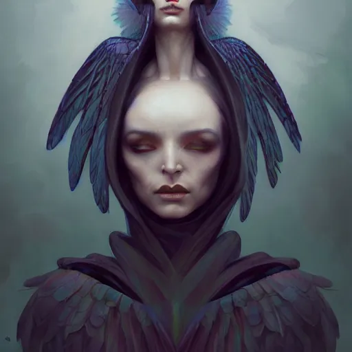 Prompt: portrait of a modest robed dark raven angel with iridescent black raven wings, by Peter Mohrbacher, Mark Brooks, Jim Burns, Marina Abramović, Wadim Kashin, Greg Rutkowski, Davey Baker, trending on Artstation