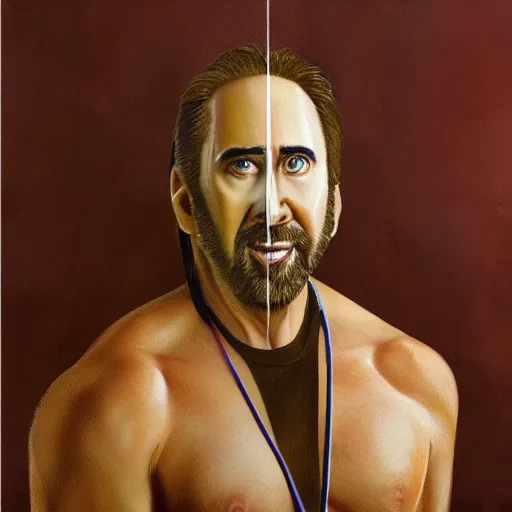 Prompt: nic cage as a furry, buff, painted portrait, highly detailed,