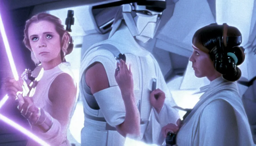 Image similar to screenshot portrait of Luke Skywalker and Princess Leia, facing off against an incredibly haunting female sith lord in white, on a sith planet of purple magic maelstrom, iconic scene from the 1970s sci fi thriller film by Stanley Kubrick, HR Geiger, stunning cinematography, hyper-detailed, sharp, anamorphic lenses, kodak color stock, 4k, stunning