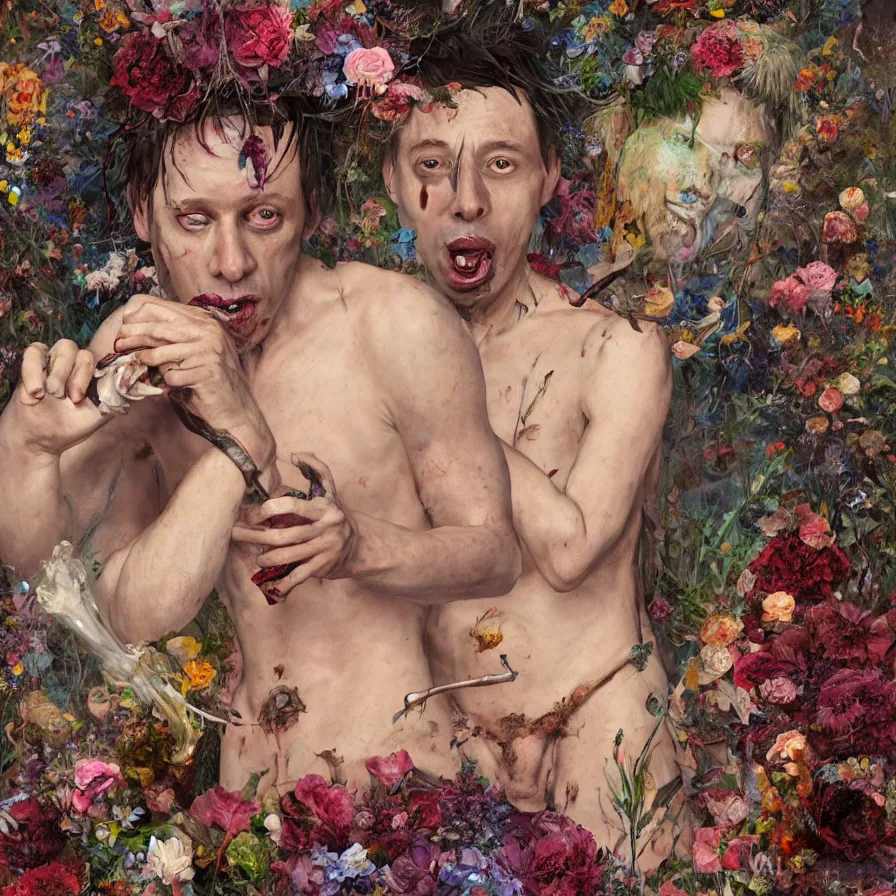 Prompt: male portrait of anorexic john zorn todd solondz eating rotten flesh and puking blood wearing a thong, surrounded by flowers by karol bak, james jean, tom bagshaw, rococo, trending on artstation, cinematic lighting, hyper realism, octane render, 8 k, hyper detailed.