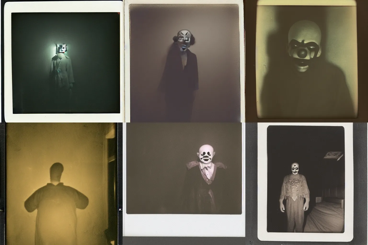 Prompt: an eerie polaroid photograph of a clown in the backrooms, nighttime, dimly lit, creepy