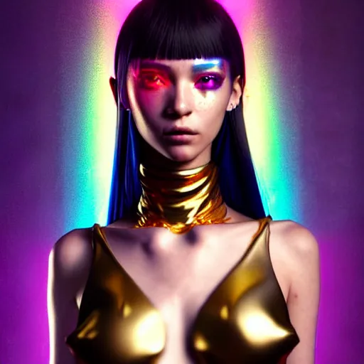 Prompt: hyperdetailed portrait of a stunningly beautiful cyberpunk cutie european girl with dark hair guard made of iridescent metals and shiny pink gems, bright rainbow nimbus, gold necklace, gold background inspired by ross tran and masamune shirow and kuvshinov, intricate, photorealistic, octane render, rtx, hdr, unreal engine, dnd digital art by artgerm