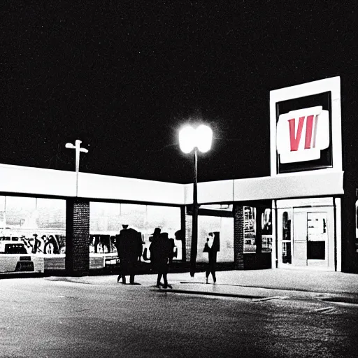 Image similar to a cinematic photograph of a glowing time machine Infront of a CVS Pharmacy at night in Charlotte, NC in 1989, f1.8, 80mm