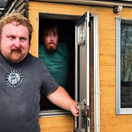 Prompt: photo of a person locked in a cabin with a madman outside, trying to get in with a metal pickup truck outside.